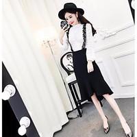 Women\'s Casual/Daily Work Simple Cute Spring Summer Blouse Skirt Suits, Solid Round Neck Long Sleeve Lace Micro-elastic