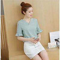 Women\'s Casual/Daily Work Simple Summer Shirt Skirt Suits, Solid V Neck 3/4 Length Sleeve Micro-elastic