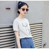 Women\'s Going out Casual/Daily Simple Summer T-shirt, Solid Animal Print Round Neck Short Sleeve Cotton Opaque