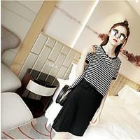 Women\'s Going out Vintage Summer T-shirt Skirt Suits, Striped Round Neck Short Sleeve Patchwork strenchy