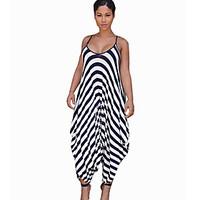 Women\'s Wild Simple Backless Summer Mid Rise Casual/Daily Wide Leg Striped Jumpsuits