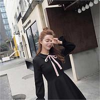 Women\'s Going out Loose Dress, Solid Square Neck Knee-length Long Sleeve Cotton Spring Mid Rise Micro-elastic Medium