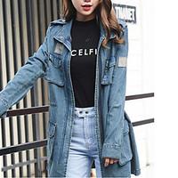 Women\'s Casual/Daily Simple Spring Denim Jacket, Solid Shirt Collar Long Sleeve Long Cotton