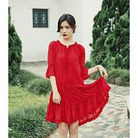 Women\'s Going out Simple Chiffon Dress, Solid Round Neck Asymmetrical ½ Length Sleeve Cotton Fall Mid Rise Micro-elastic Medium