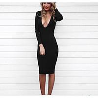 womens going out sexy sheath dress solid deep u above knee long sleeve ...