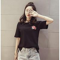 womens daily simple t shirt embroidery round neck short sleeve cotton