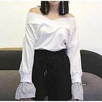 womens going out sweatshirt solid off shoulder micro elastic cotton lo ...