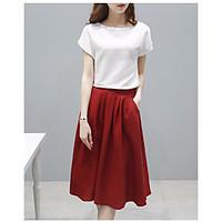 Women\'s Going out Casual/Daily Simple Summer T-shirt Skirt Suits, Solid Round Neck Short Sleeve