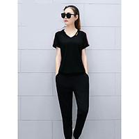 Women\'s Going out Casual/Daily Sports Simple Active T-shirt Pant Suits, Solid V Neck Short Sleeve