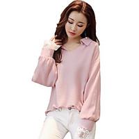 Women\'s Daily Simple Blouse, Solid V Neck Long Sleeve Polyester
