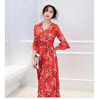 Women\'s Going out Party Vintage Cute Swing Dress, Floral V Neck Maxi Long Sleeve Polyester Summer Mid Rise Micro-elastic Thin