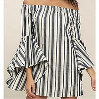 womens club loose dress striped strapless mini long sleeve cotton summ ...