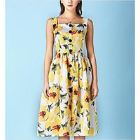 Women\'s Casual/Daily Simple Loose Dress, Geometric Strap Knee-length Sleeveless Cotton Summer High Rise Micro-elastic Thin