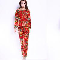 womens casualdaily chinoiserie winter t shirt pant suits print round n ...