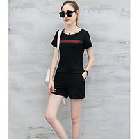Women\'s Casual/Daily Sports Simple Active Spring T-shirt Pant Suits, Solid Striped Round Neck Short Sleeve