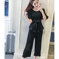 womens casualdaily simple t shirt pant suits solid round neck short sl ...