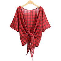 Women\'s Casual/Daily Simple All Seasons Shirt, Plaid V Neck Long Sleeve Red Cotton / Polyester Thin