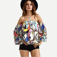 Women\'s Going out Casual/Daily Holiday Sexy Street chic Summer Shirt, Print Boat Neck ½ Length Sleeve Polyester