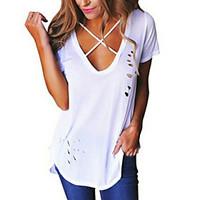 Women\'s Going out Casual/Daily Simple Street chic Summer T-shirt, Solid V Neck Short Sleeve Cotton Polyester Thin