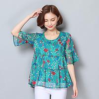 Women\'s Casual/Daily Street chic Summer T-shirt, Solid Round Neck Short Sleeve Cotton Medium
