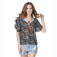 Women\'s Casual/Daily Street chic Summer Blouse, Print V Neck Short Sleeve Polyester Medium