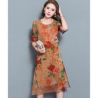Women\'s Casual/Daily Simple Loose Dress, Print Round Neck Midi ½ Length Sleeve Polyester Summer High Rise Micro-elastic Thin