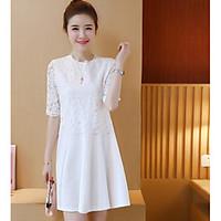 Women\'s Casual/Daily Simple Lace Dress, Solid Round Neck Above Knee Short Sleeve Others Summer Mid Rise Micro-elastic Medium