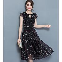 Women\'s Casual/Daily Simple Skater Dress, Polka Dot V Neck Midi Short Sleeve Polyester Summer High Rise Inelastic Thin