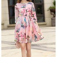 Women\'s Going out Casual/Daily Skater Dress, Print Round Neck Above Knee ¾ Sleeve Rayon Spring Summer Mid Rise Inelastic Thin