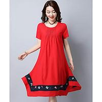 Women\'s Going out Swing Dress, Solid Round Neck Knee-length Short Sleeve Linen Spring Summer Mid Rise Inelastic Thin