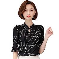 Women\'s V Neck Ruffle Side Plus Size Career OL Summer Shirt Print Flare Sleeve Chiffon Blouse