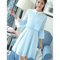 Women\'s Going out Swing Dress, Solid Shirt Collar Above Knee ¾ Sleeve Others Summer Mid Rise Micro-elastic Thin