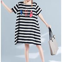 Women\'s Casual/Daily Simple Loose Dress, Striped Round Neck Above Knee Short Sleeve Polyester Summer Mid Rise Inelastic Thin