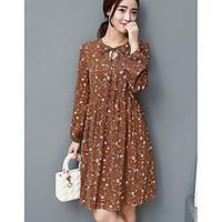 Women\'s Casual/Daily Swing Dress, Print Shirt Collar Midi ¾ Sleeve Cotton Summer Mid Rise Micro-elastic Thin