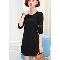Women\'s Casual/Daily Simple Loose Dress, Solid Round Neck Above Knee Long Sleeve Polyester Summer Mid Rise Micro-elastic Thin