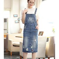 Women\'s Casual/Daily Simple Denim Dress, Solid Strap Knee-length Sleeveless Polyester Summer Mid Rise Inelastic Thin