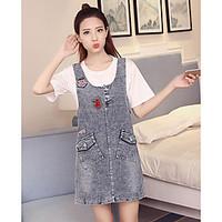 Women\'s Casual/Daily Denim Dress, Solid Round Neck Above Knee Sleeveless Others Spring Summer Mid Rise Inelastic Thin