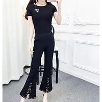 womens work sexy spring t shirt pant suits solid round neck short slee ...