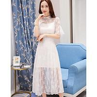 Women\'s Going out A Line Dress, Solid Round Neck Maxi ½ Length Sleeve Lace Summer High Rise Micro-elastic Medium