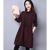 Women\'s Going out Casual/Daily Loose Dress, Check Shirt Collar Knee-length Long Sleeve Polyester Summer Mid Rise Micro-elastic Medium
