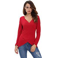Women\'s V-Neck Asymmetrical Long Sleeve Pure Color T Shirt
