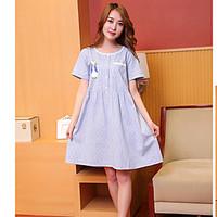 Women\'s Going out Casual/Daily Beach Loose Dress, Striped Round Neck Above Knee Short Sleeve Cotton Summer Mid Rise Micro-elastic Medium