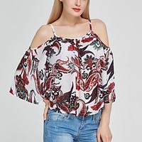 Women\'s Plus Size Going out Casual/Daily Sexy Vintage Boho Off-The-Shoulder Backless National Style Spring Fall T-shirtPrint Strap Sleeve Medium