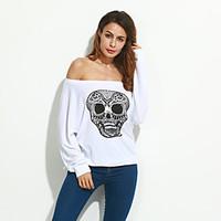 Women\'s Off The Shoulder Casual/Daily Simple Fall / Winter T-shirt, Floral / Print Boat Neck Long Sleeve Red / White Polyester Opaque