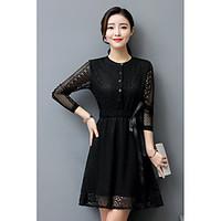 Women\'s Going out Holiday Cute A Line Lace Dress, Solid Round Neck Above Knee Long Sleeve Lace Spring Fall Mid Rise Inelastic Medium