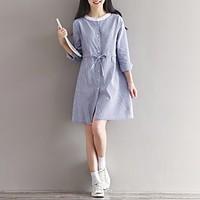 Women\'s Going out Casual/Daily Loose Shirt Dress, Striped Round Neck Above Knee Long Sleeve Linen Fall Mid Rise Inelastic Medium