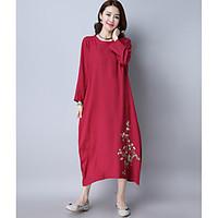Women\'s Going out Casual/Daily Vintage Cute Loose Dress, Floral Round Neck Maxi Long Sleeve Linen Spring Fall Mid Rise Inelastic Medium