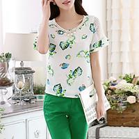 Women\'s Going out Casual/Daily Simple Summer Fall Blouse, Floral Print Round Neck Short Sleeve Silk Cotton Opaque