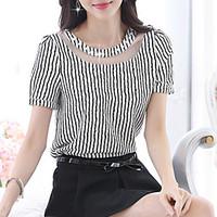 Women\'s Going out Casual/Daily Simple Summer Fall Blouse, Striped Round Neck Short Sleeve Silk Cotton Opaque