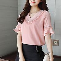 Women\'s Casual/Daily Simple Blouse, Solid V Neck Short Sleeve Cotton